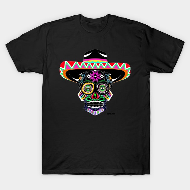sugar skull in mariachi style ecopop pattern mandala T-Shirt by jorge_lebeau